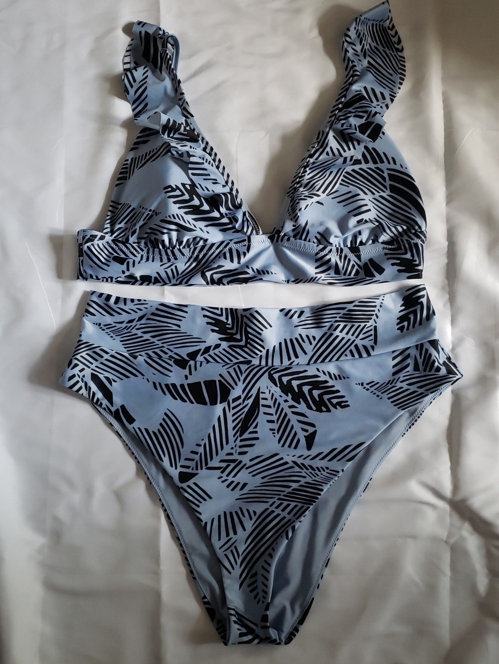 Aerie Two Piece High Rise Bikini Blue & Black Palm Size XXL